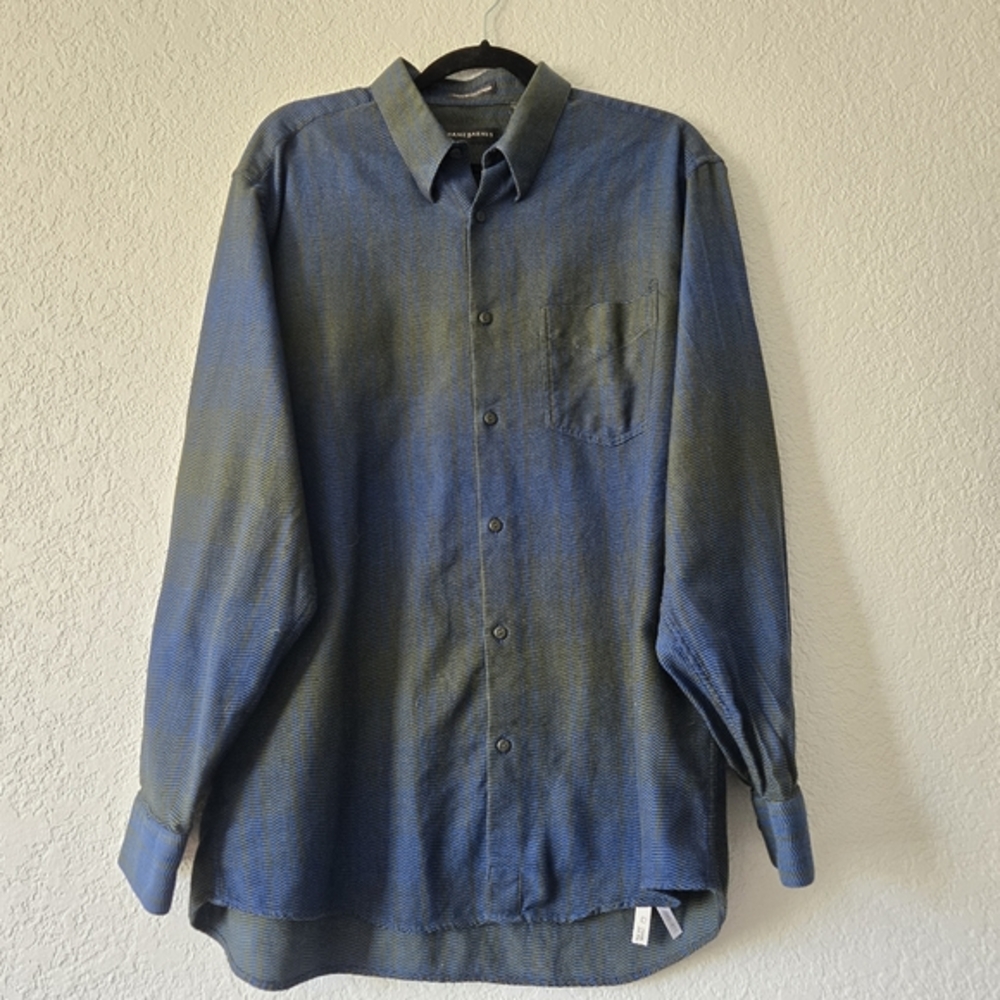 Jhane Barnes XL Blue and Green Textured Button Down Collared Shirt Cotton